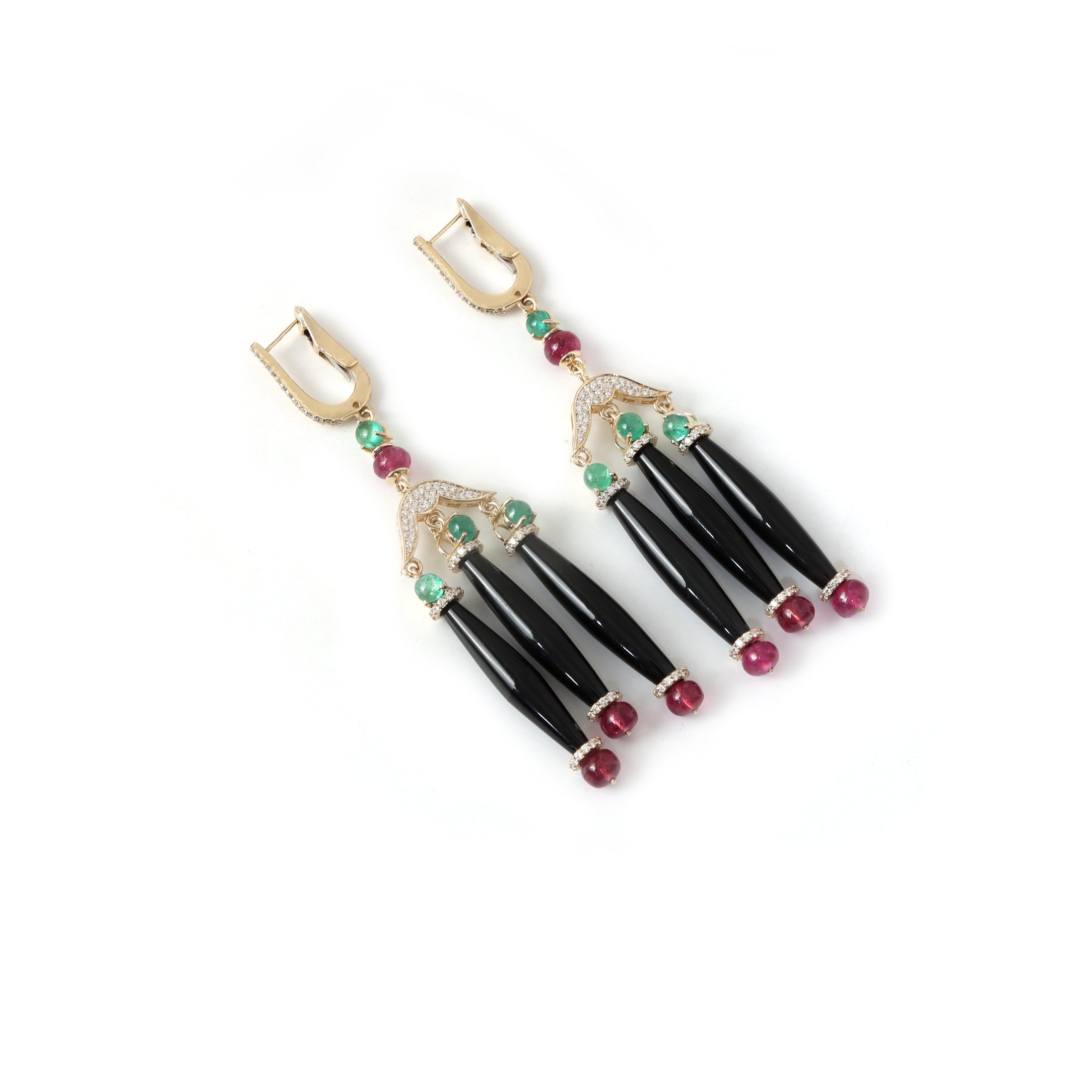 Natural Black Onyx and Tourmaline 14K gold earrings top view - NFJSD-1938