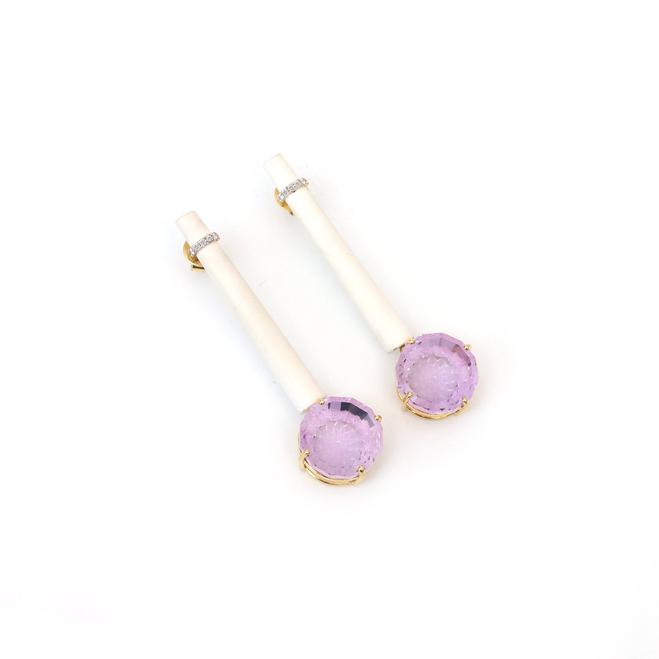 Natural White Agate and Lavender 14K gold earrings close-up detail - NFJSD-1374