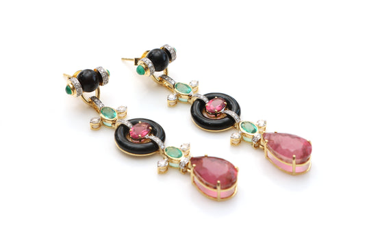 Natural Emerald Oval Cut and Tourmaline Mix Cut 14K gold earrings front view - NFJSD-1122