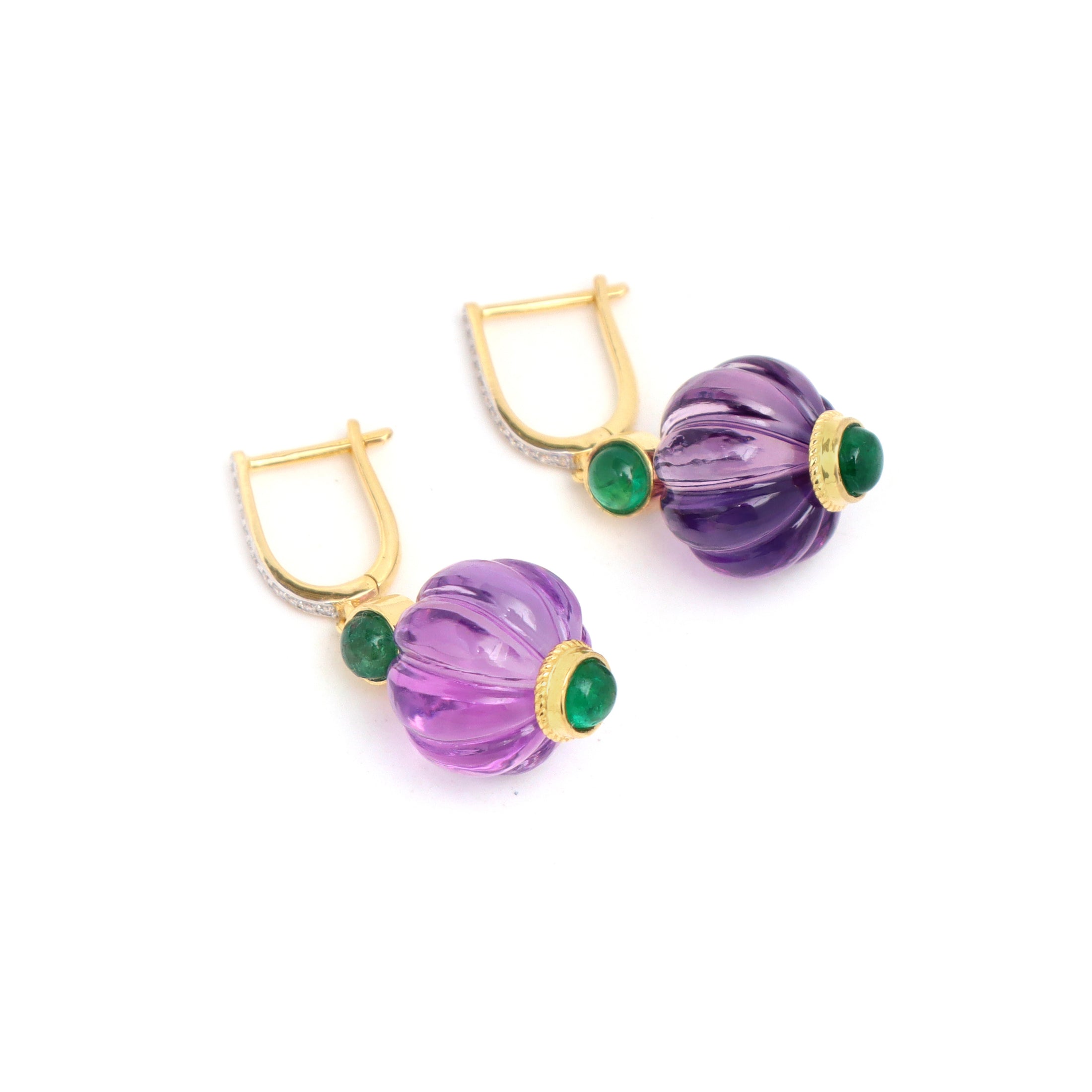 Natural Amethyst and Emerald 18K gold earrings side angle - NFJSD-1778