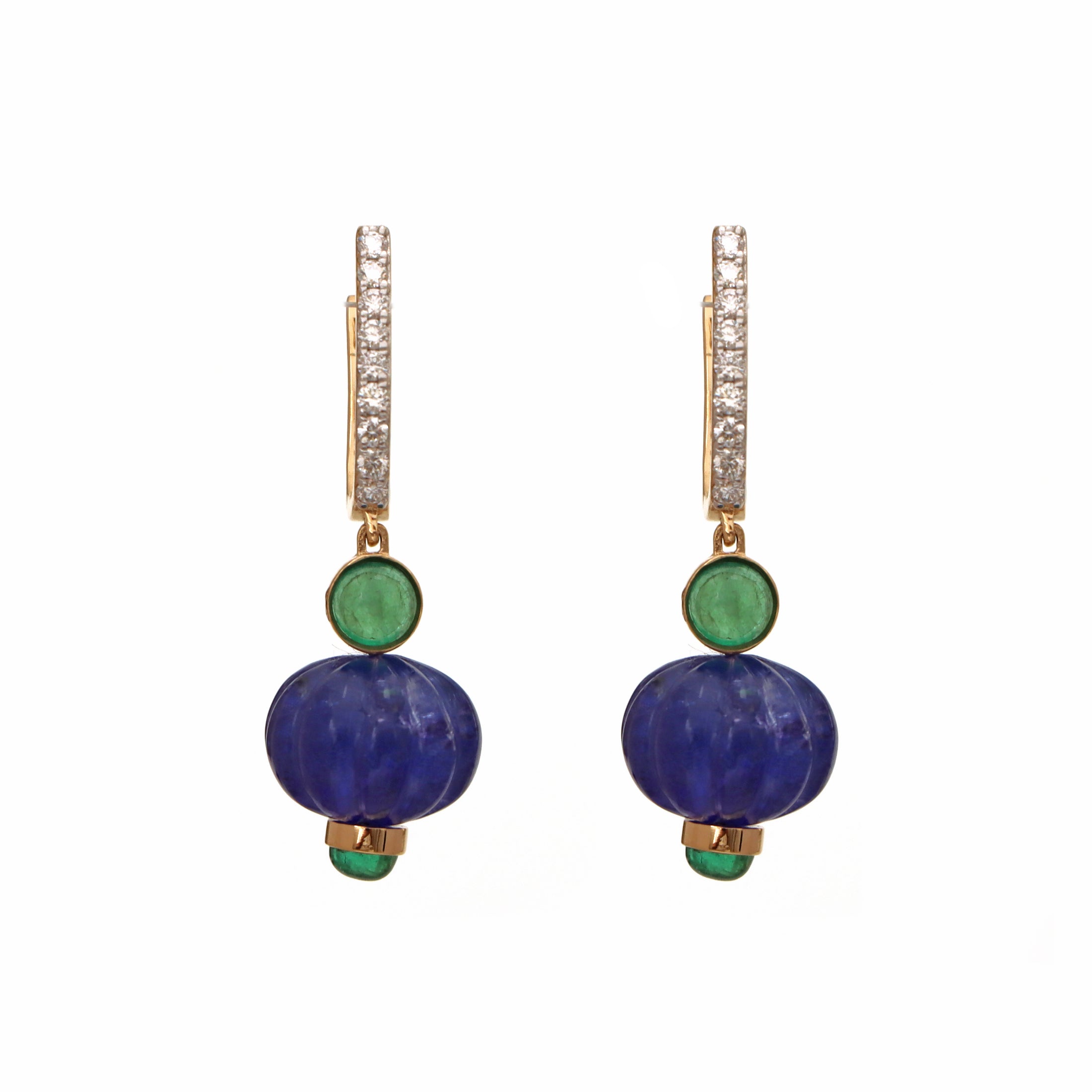 Natural Tanzanite and Emerald 18K gold earrings close-up detail - NFJSD-1540