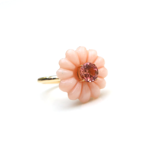 Natural Pink Opal Carving and Pink Tourmaline 14K gold ring front view - NFJSD-1561