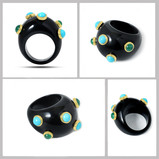 Natural Black Onyx and Turquoise & Emerald 14K gold ring side angle - NFJSD-1857