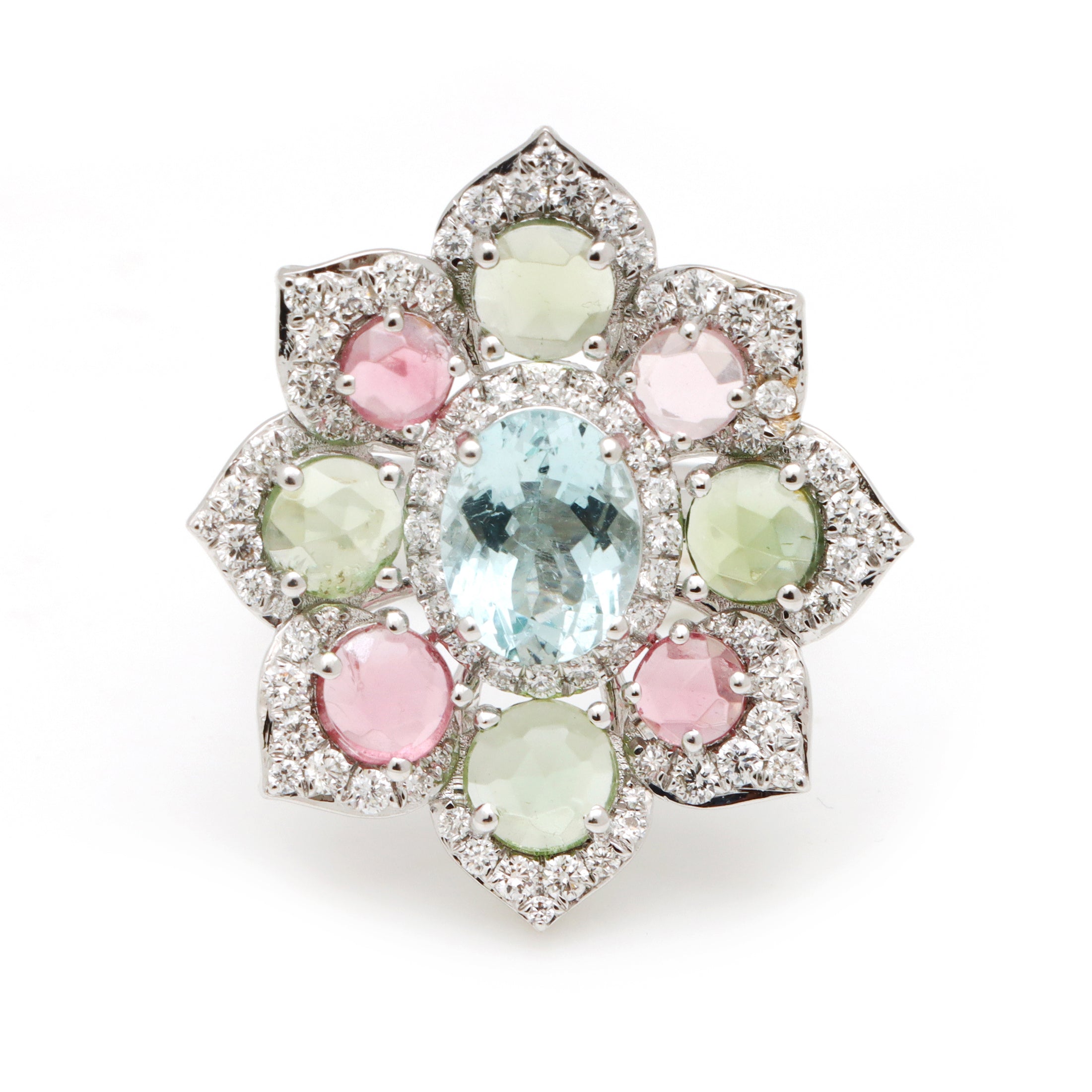 Natural Aquamarine and Tourmaline 18K gold ring close-up detail - NFJSD-1538