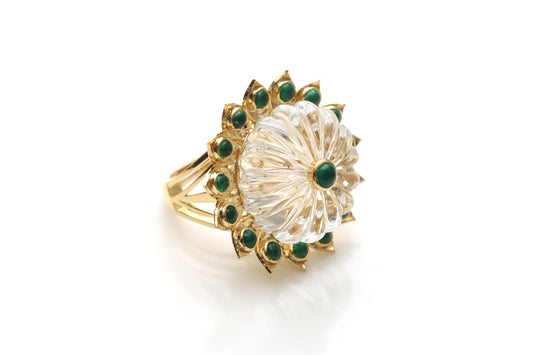 Natural Emerald Round Cabs and Crystal Carving Balls 14K gold ring front view - NFJSD-1170