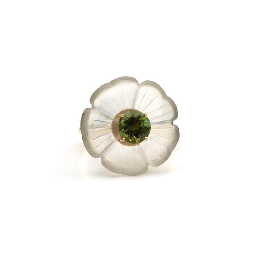 Natural Crystal Carving and Green Tourmaline 14K gold ring front view - NFJSD-1552