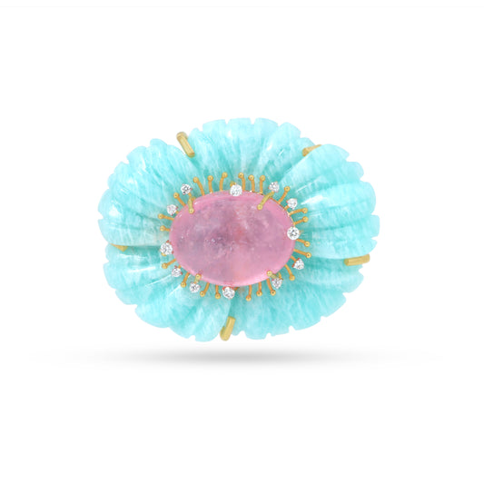 Natural Amazonite and Tourmaline 18K gold pendant front view - NFJSD-1837