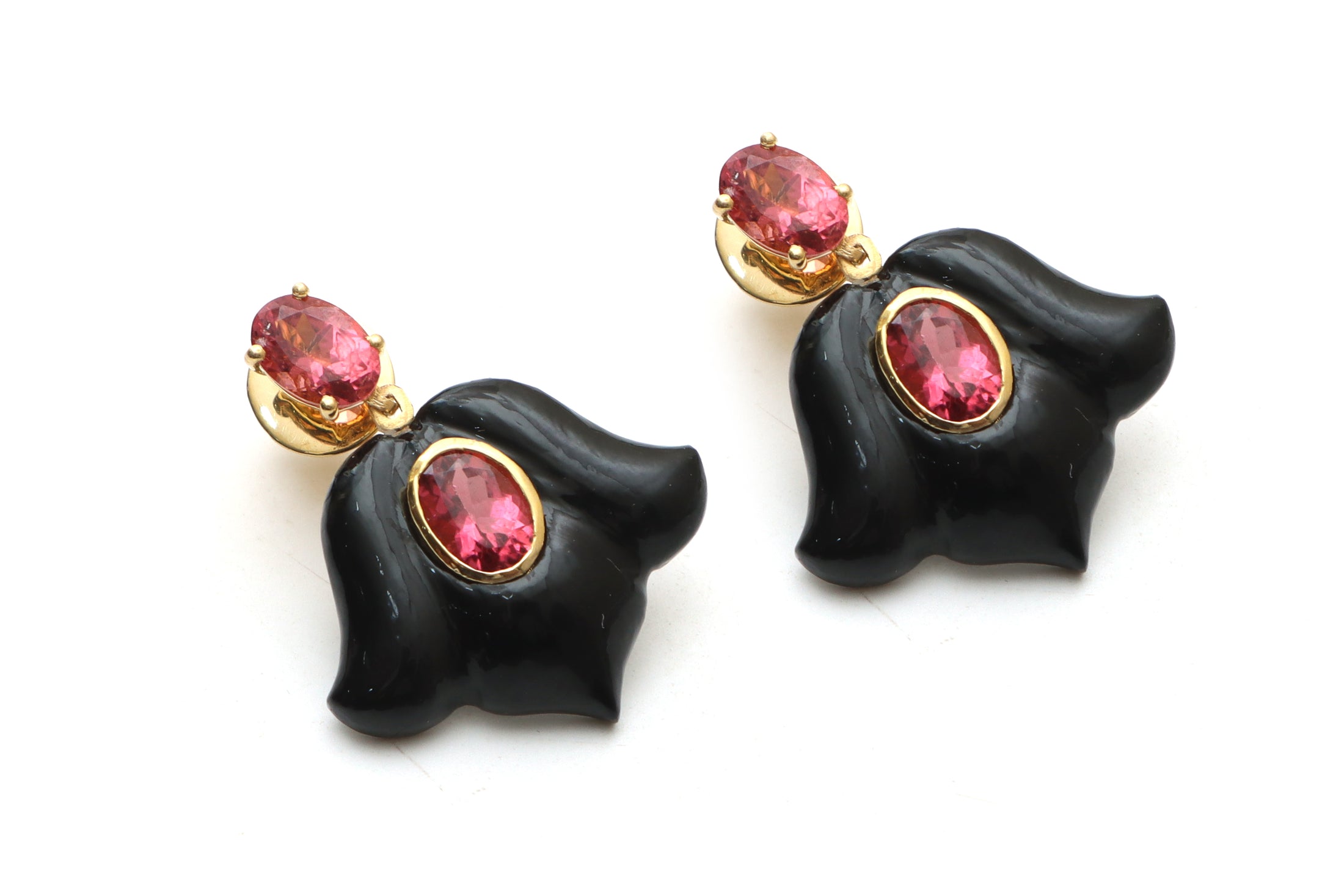 Natural Tourmaline Oval Cut and Black Onyx Carving 14K gold earrings front view - NFJSD-1033