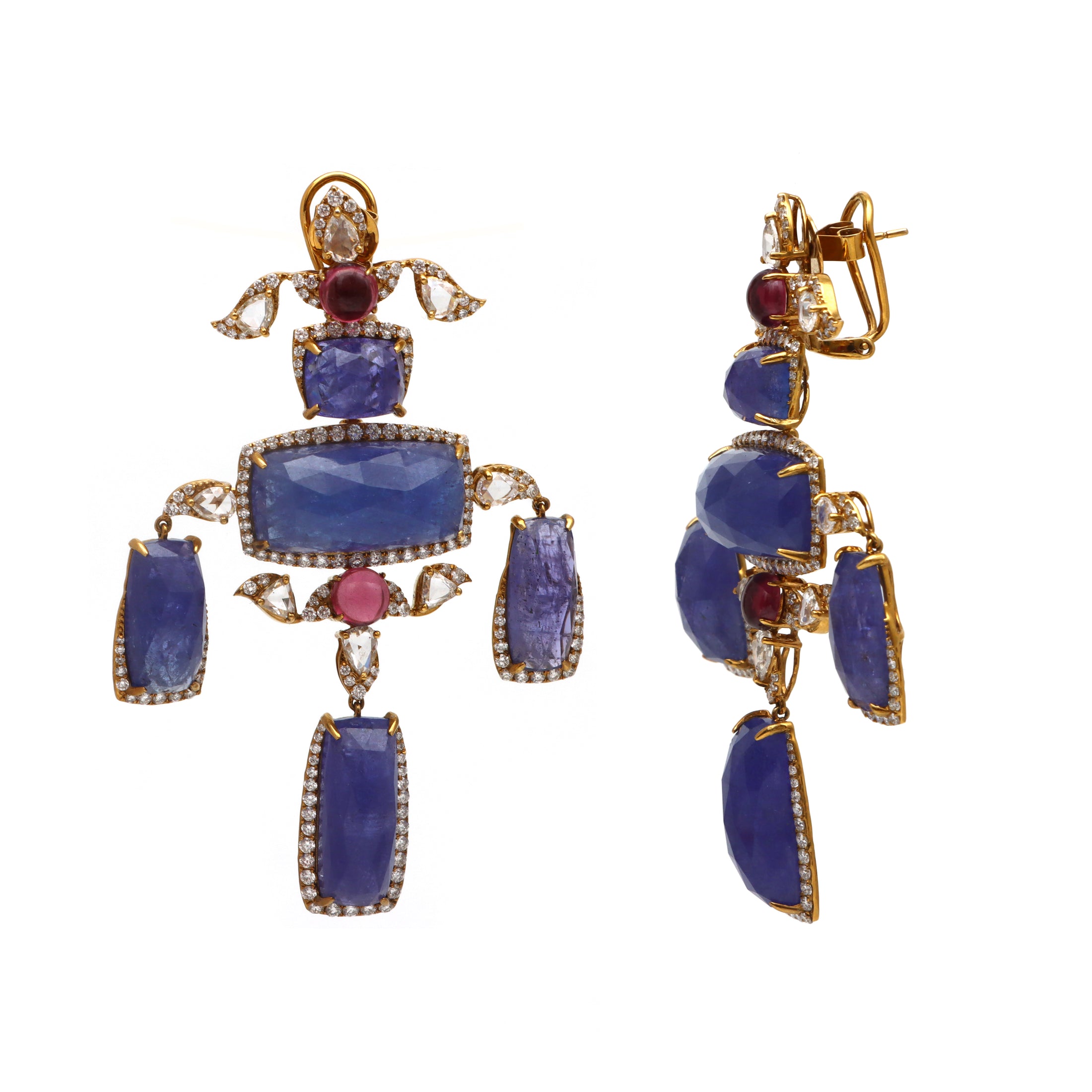 Natural Garnet and Tanzanite 18K gold earrings lifestyle shot - NFJSD-1626