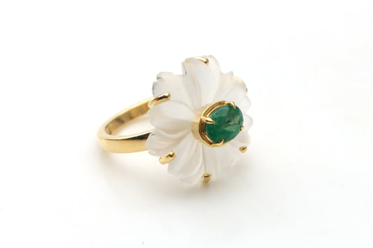 Natural Emerald Oval Cut and Crystal Flower Carving 14K gold ring front view - NFJSD-1221