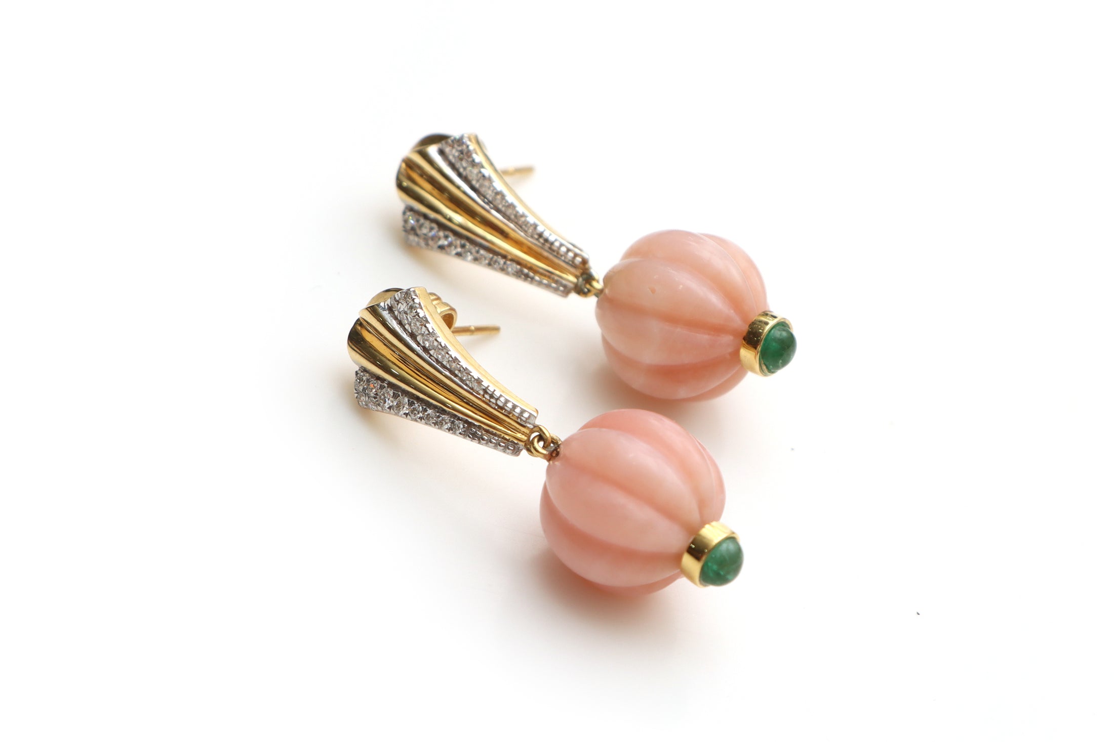 Natural Emerald Round Cabs and Pink Opal Carving Balls 14K gold earrings front view - NFJSD-1099