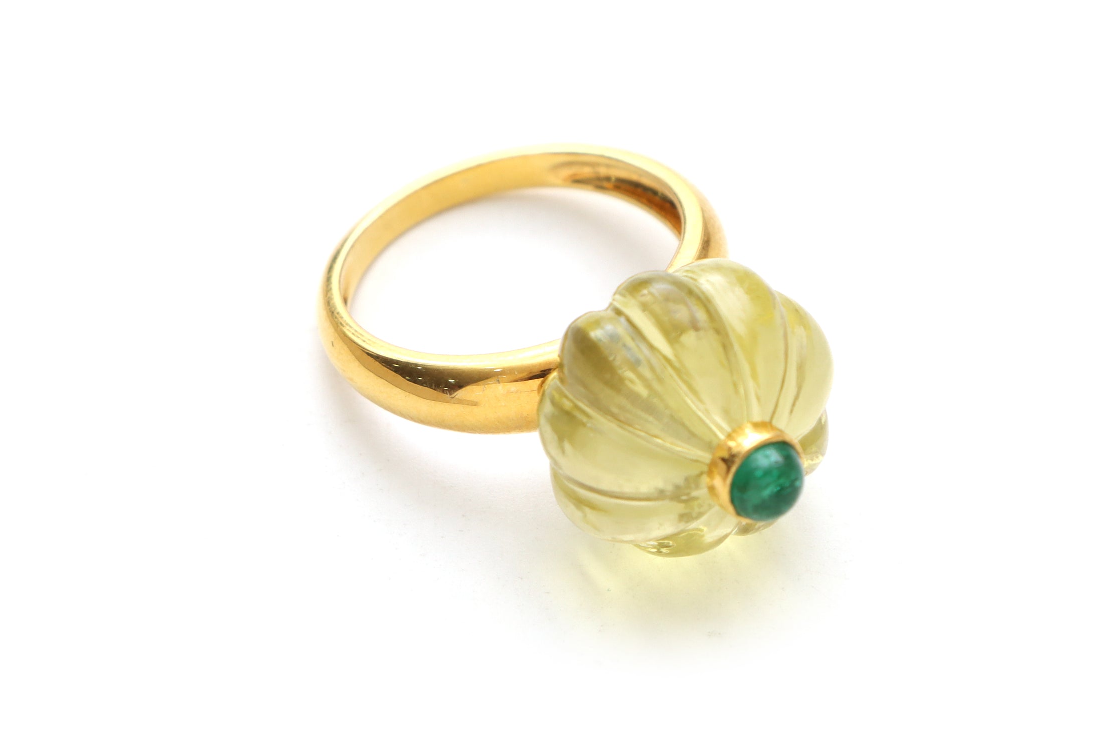 Natural Lemon Quartz and Emerald Round Cabs 14K gold ring front view - NFJSD-1005