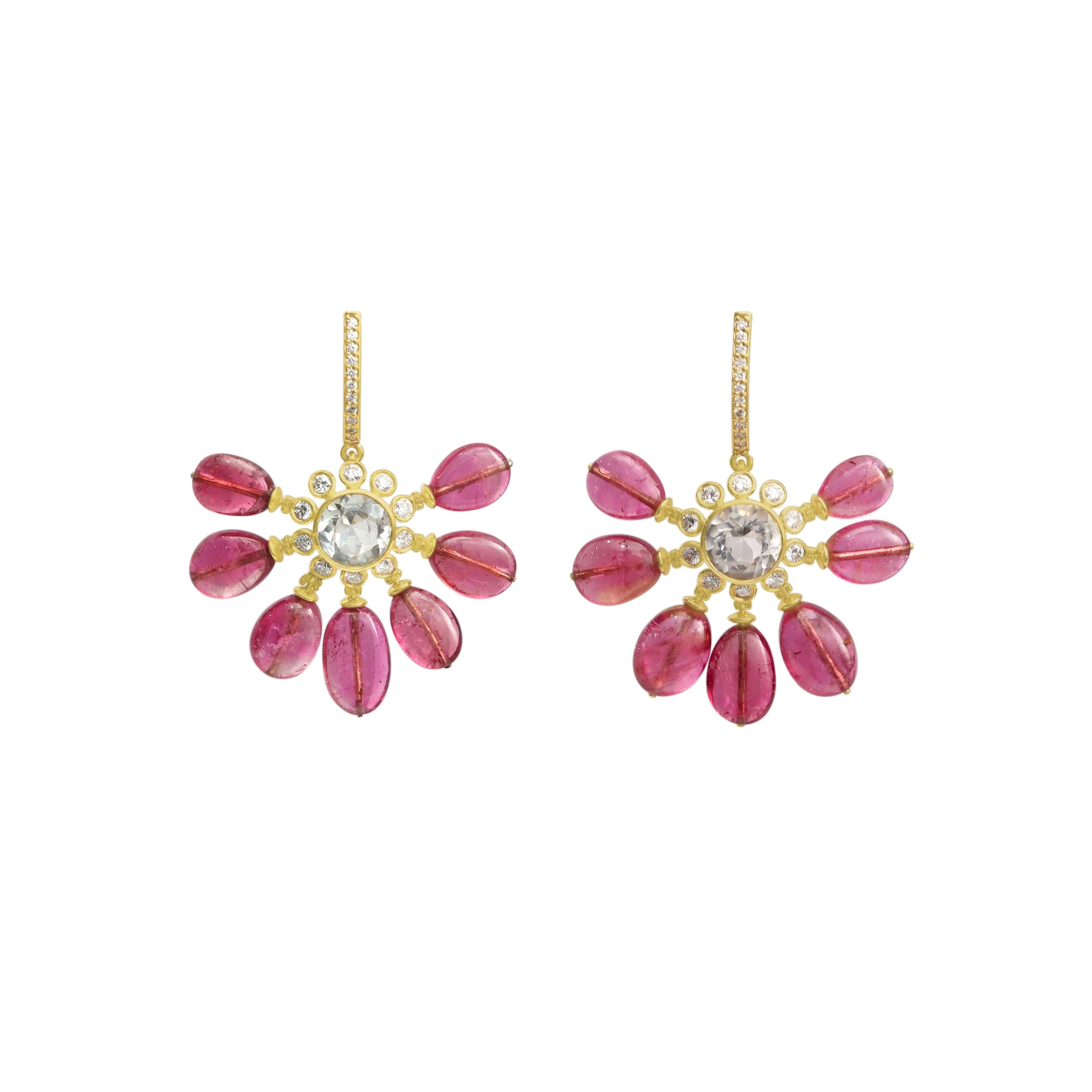 Natural Tourmaline and White Aqua 14K gold earrings front view - NFJSD-2022