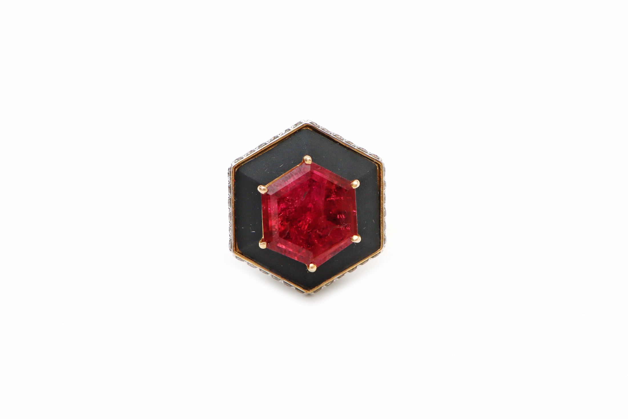 Natural Tourmaline Hexagon Cut and Black Onyx Carving 14K gold ring close-up detail - NFJSD-1009
