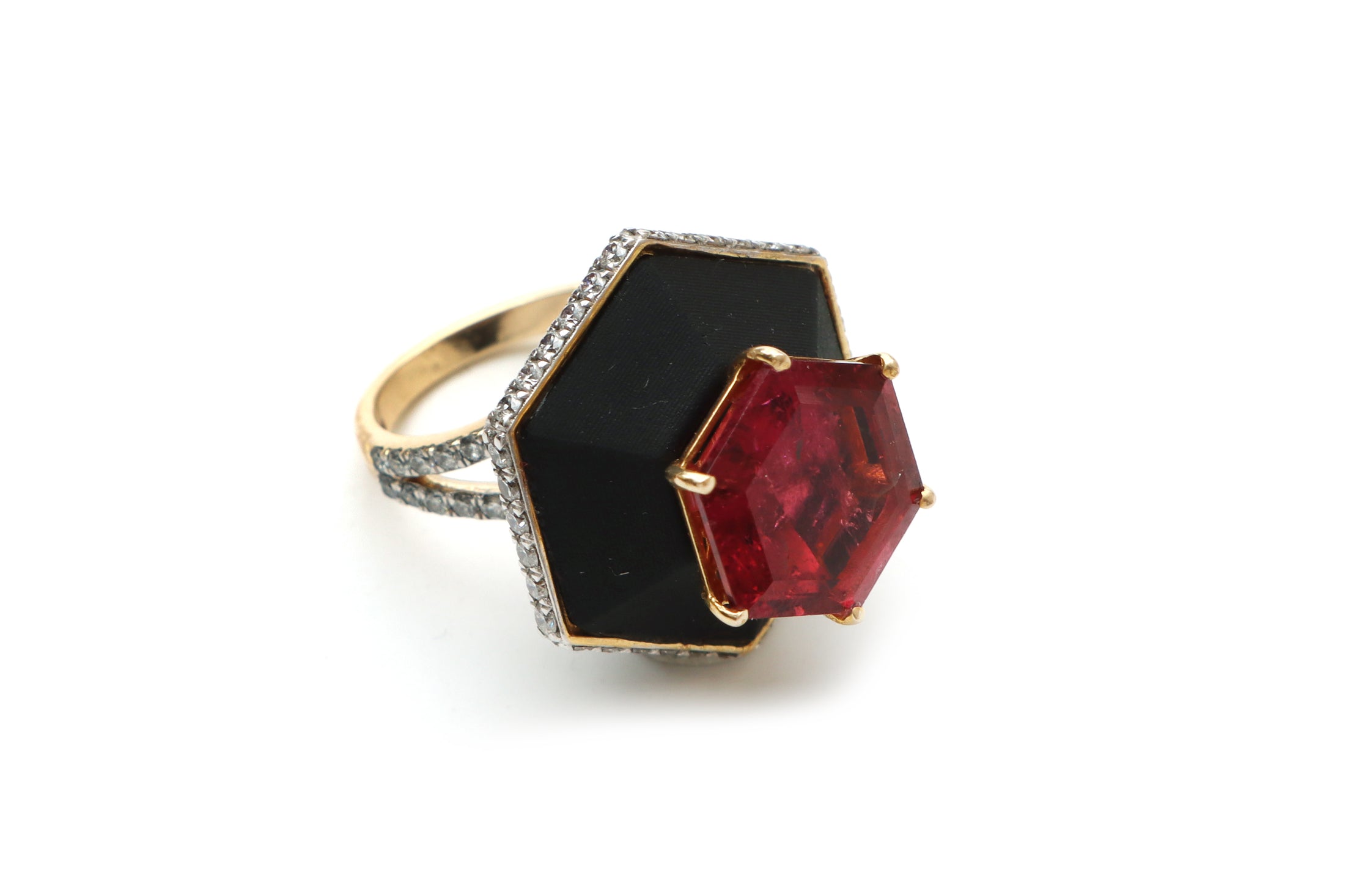 Natural Tourmaline Hexagon Cut and Black Onyx Carving 14K gold ring front view - NFJSD-1009