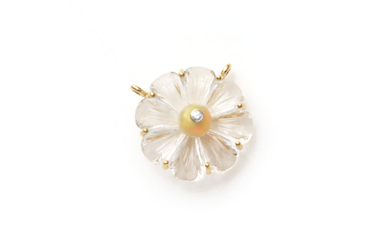 Natural Ethiopian Opal Round Balls and Crystal Carving Flower 14K gold pendant front view - NFJSD-1178