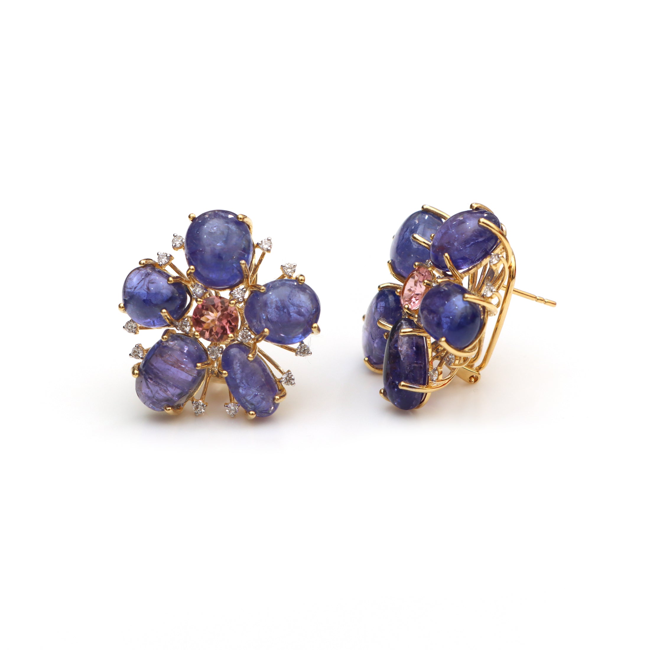 Natural Tourmaline and Tanzanite 18K gold earrings top view - NFJSD-1458